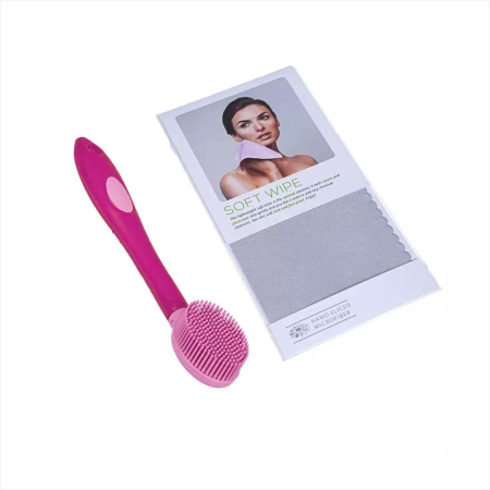 Комплект: Салфетка для лица серая + щеточка для лица розовая
